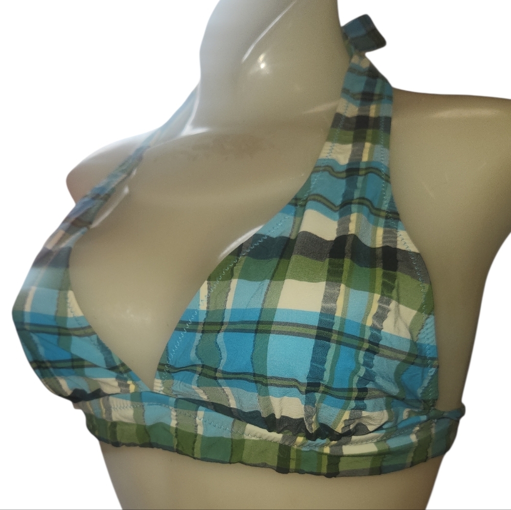 J. Crew Halter Bikini Top in Blue and Green Plaid